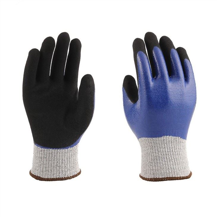 Guantes de seguridad resistentes a cortes de nitrilo arenoso de doble inmersión